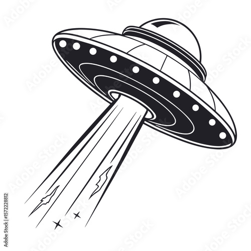 Black flying saucer emitting beam with stars spaceship alien