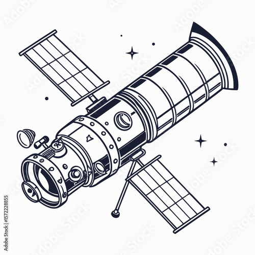 Space telescope with solar panels and stars satellite astronomy