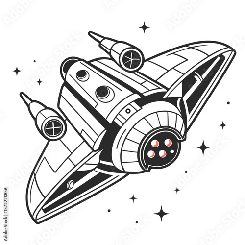 Futuristic spacecraft with red glowing engines and star accents spaceship sci fi