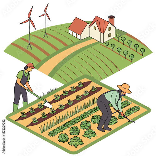 Farmers tending crops near wind turbines and houses farming agriculture