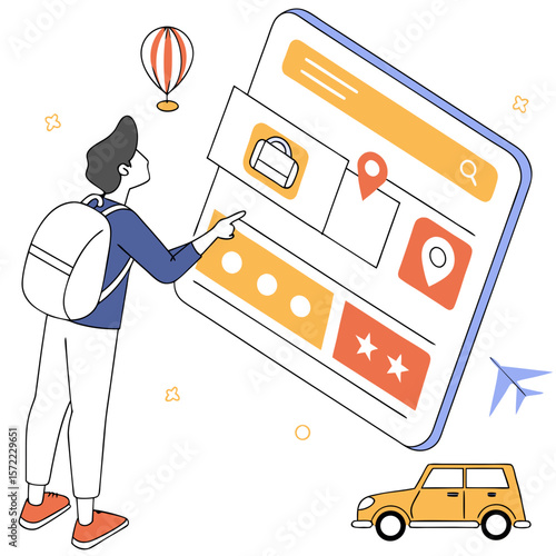 Person planning travel with digital interface and transportation booking