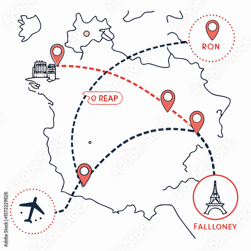 Travel route with destinations and airplane vector