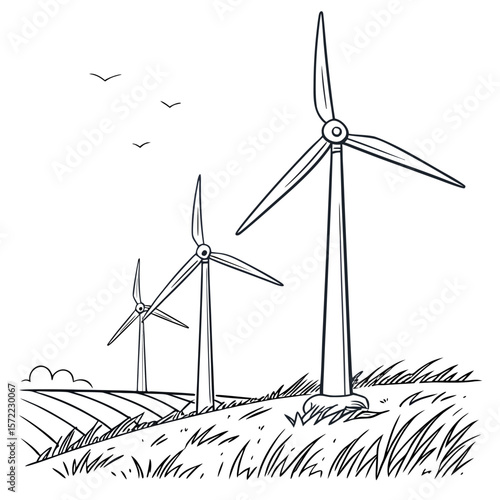 Wind turbines in a field with birds flying wind energy renewable energy