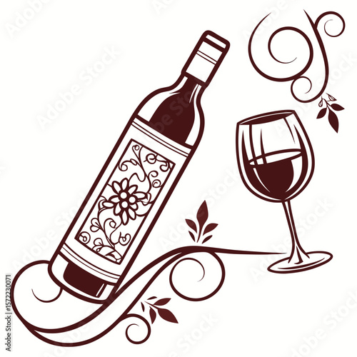 Elegant wine bottle and glass with decorative swirls wine glass beverage