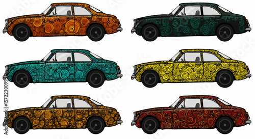 Colorful vintage cars with swirl patterns. Set of cars on white background. Vector illustration, EPS 10 version.