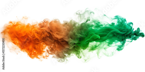 Swirling orange and green smoke merging and flowing on a black background isolated on a transparent background