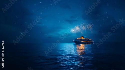 Luxury Cruise Ship and Fireworks at Night Sea