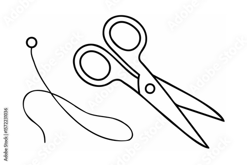 Black outline scissors and thread sewing cutting