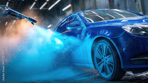 Fototapeta Naklejka Na Ścianę i Meble -  Metallic blue spray gun applying paint to car body with visible overspray particles