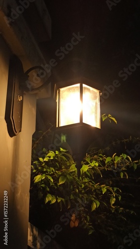 Decorative street lights glowing at night, creating a warm, peaceful atmosphere. Ideal for urban scenes, night photography, or festive street visuals