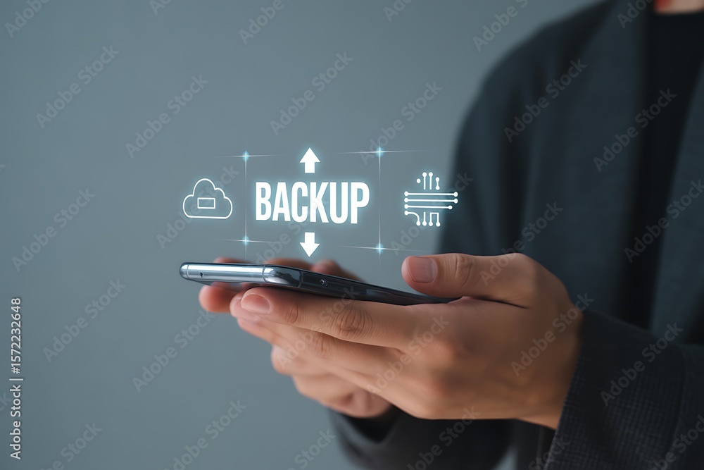 Person holding smartphone with cloud backup data transfer technology icons mobile phone Person holding smartphone with cloud backup data transfer technology icons mobile phone