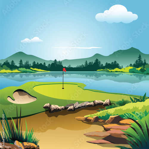 golf course on water and mountains