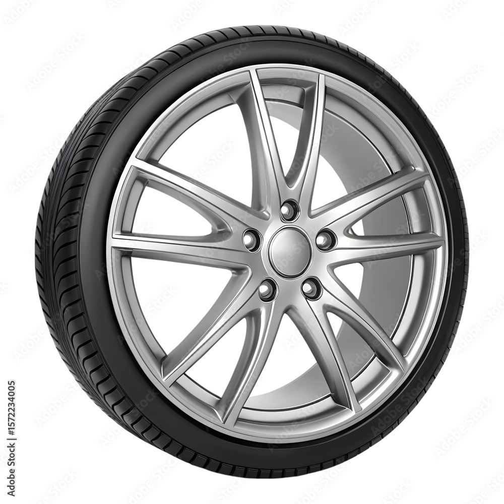 Shiny silver alloy car wheel with black tire isolated on transparent background Shiny silver alloy car wheel with black tire isolated on transparent background