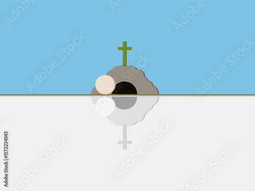Minimalist Illustration Depicting Empty Tomb of Jesus with Stone Rolled Away and Reflection on River.