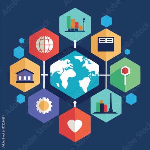 Modern vector illustration depicting global connections data analysis and corporate elements with diverse icons on blue background