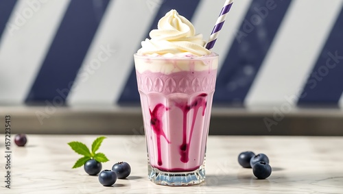 Blueberry vanilla milkshake in vintage glass, ice cream swirl on top, retro diner vibes