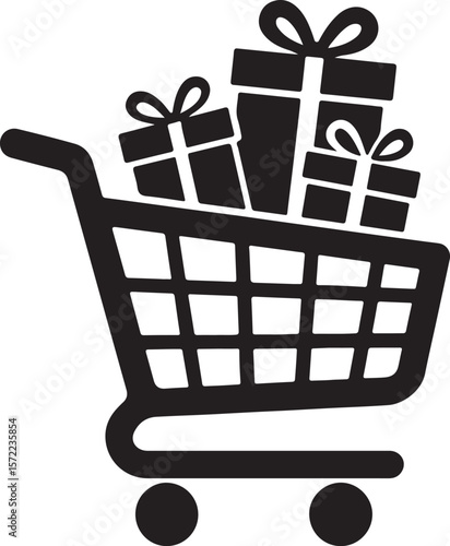 shopping cart filled with gift boxes silhouette design vector art illustration