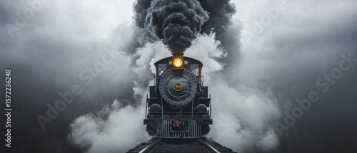 Vintage steam locomotive billowing black smoke on railway track under Dramatic front view