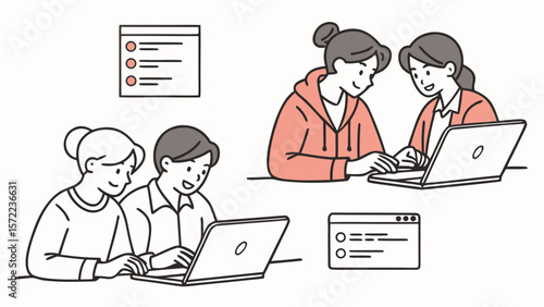 Two pairs of people collaborating on laptops with a checklist isolated on white background
