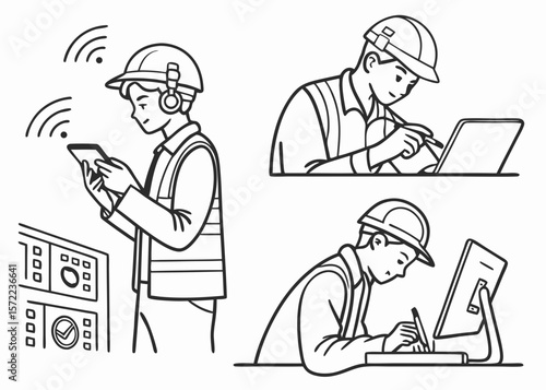 Construction worker using technology for site management isolated on white background
