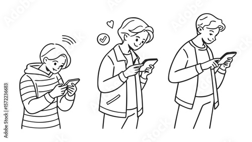 Three young men absorbed in their smartphones isolated on white background