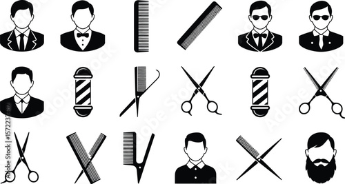 A set of various black and white barber shop icons on a white background