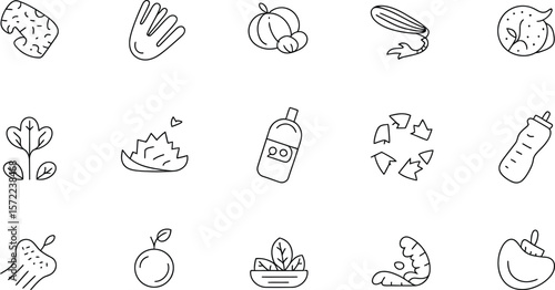 Outlines of food items and other objects in a line art style arrangement