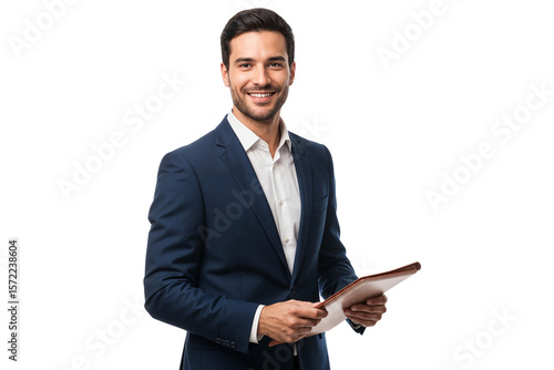 Portrait of a smiling handsome businessman holding a folder, ready for meeting, isolated on transparent background