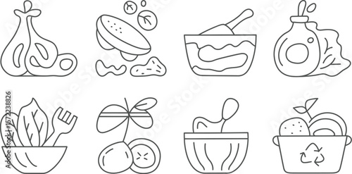 Collection of outlined food icons including fruits vegetables and salad bowls