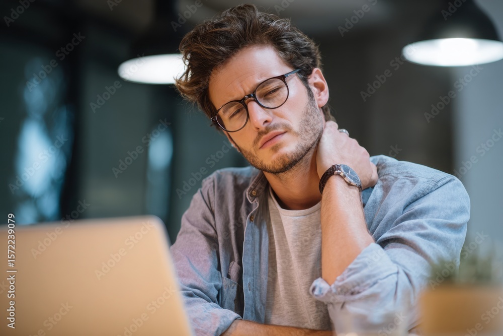 Obraz premium A young male designer wearing glasses is sitting at a desk, experiencing neck pain while working on a computer in a modern office. There is space available for text.
