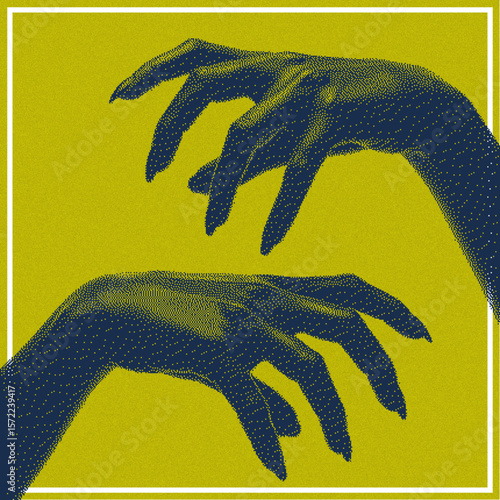 Dotted Abstract Hands Reaching or Grasping on Yellow Background