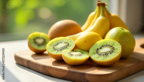 Fresh Tropical Fruits – Juicy Kiwi, Orange, Lemon, and Banana Slices Isolated on White Background


