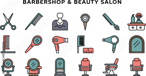 A collection of barbershop and beauty salon icons with various equipment tools