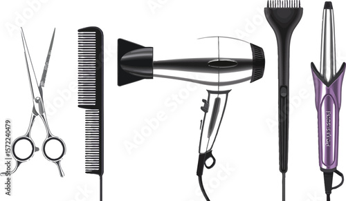 A set of hair styling tools including scissors, comb, dryer, and curling iron