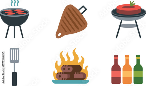 Illustrated barbecue scene with grill, steak, tomato, spatula, fire and bottles