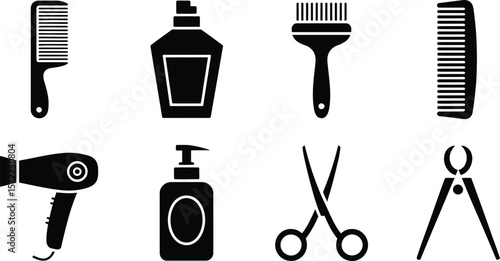 A collection of black and white silhouette icons for hair styling tools set