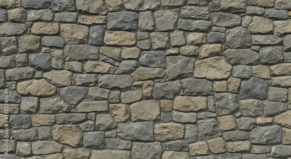 A rustic wall constructed from varied irregularly shaped grey and beige natural stones with visible mortar A rustic wall constructed from varied irregularly shaped grey and beige natural stones with visible mortar