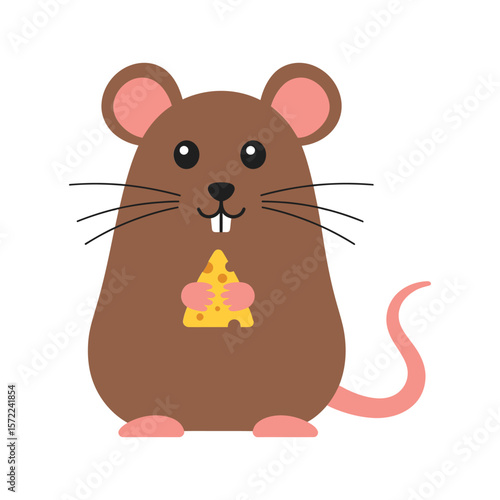 A charming cartoon mouse happily nibbles on a piece of cheese, its whiskers twitching with delight