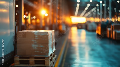 Cardboard boxes on a pallet in a warehouse loading dock at sunset.