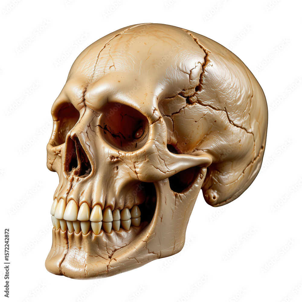 Obraz premium Realistic Human Skull Model with Detailed Cracks and Natural Bone Texture for Educational and Artistic Uses