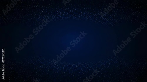 A dark blue background features a subtle pattern of dots and geometric shapes
