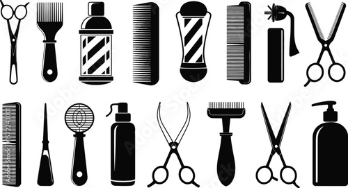 A collection of black and white barber tools and hair styling equipment set