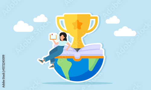 Young woman reading a book sitting on half globe with an open book and a trophy on top illustration of becoming a science olympiad champion