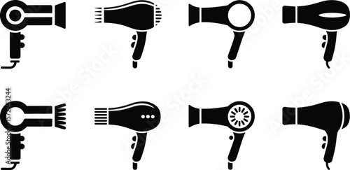 Eight different black hair dryer icons arranged in a grid on white background