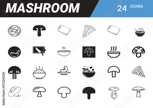 Mushroom Icon Set: A comprehensive collection of mushroom-themed icons, perfect for culinary, dietary, and health-related projects. The versatile icons include various mushroom representations.