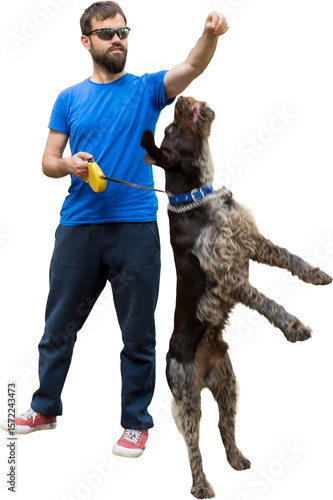 The guy with the dog in the park, german hunting watchdog drahthaar