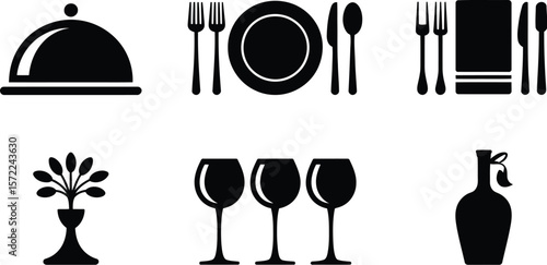 Graphic black and white illustration of dining table setting with dishware