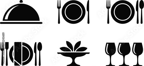 A collection of black and white dining icons featuring plates and glassware
