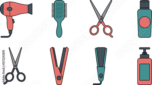 Illustrated set of salon tools including scissors and hair styling items