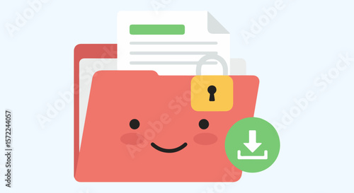 Cute Secured Folder with Download Icon.  Cute red folder with a smiling face, padlock on a document, and download icon.